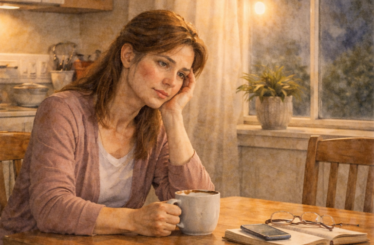 Caregiver sitting alone looking conflicted about a difficult decision